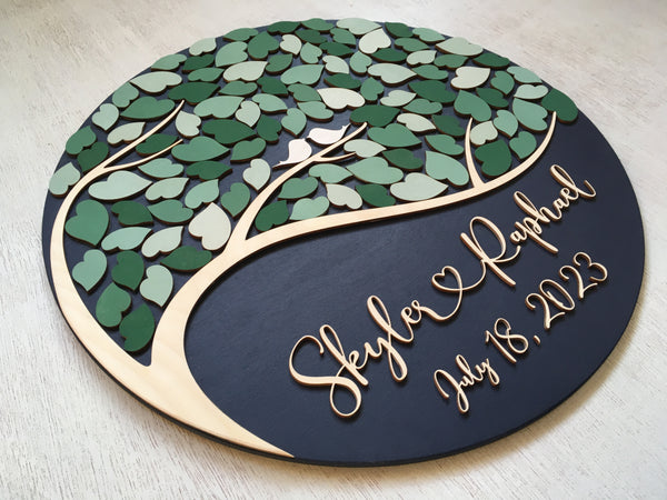 Round wedding guest book alternative with tree of wishes and customizable details