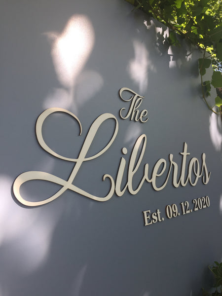 Detail of last name sign made on grey to show the 3D lettering that is hand painted in white. The base color as well as the lettering color can be customized to match your home decor
