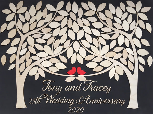silver Wedding Anniversary guest book alternative made of wood and two trees that become one copyright SignYouStyle