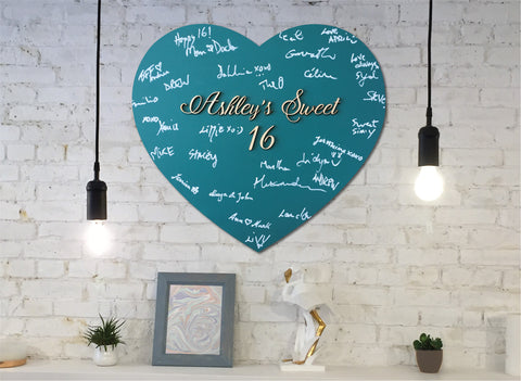 sweet 16 persoanlized heart shaped sign with friends' signatures