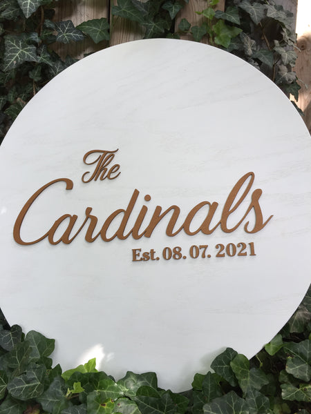 the 3D round sign is personalized with your last name and established date and the colors are fully customizable to match your wedding decor or home decor on signyoustyle.com