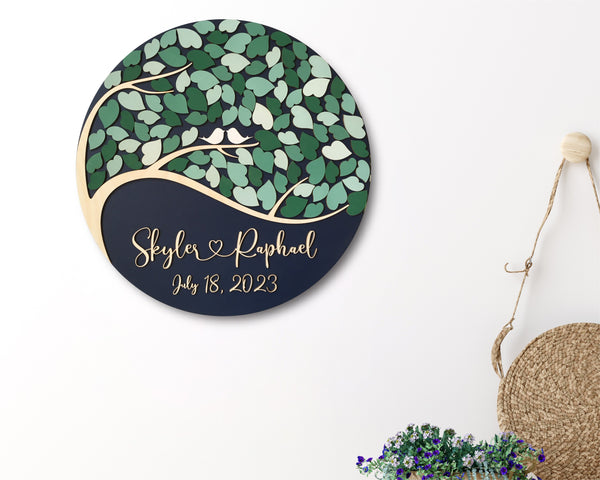 Round wedding guest book alternative with tree of wishes and customizable details