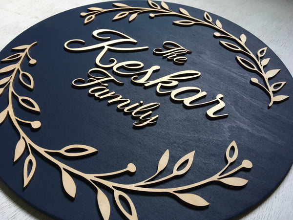 the lettering is made in 3D wood and is customized with your family name