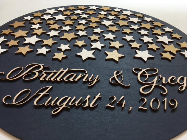 the names and date come in a calligraphic lettering at the bottom of the round sign