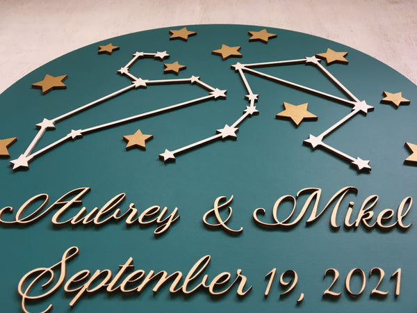 the names and date come in calligraphic font underneath the two contellations and stars on this 3D round sign that can be a guest book or a decoration in your living room or bedroom