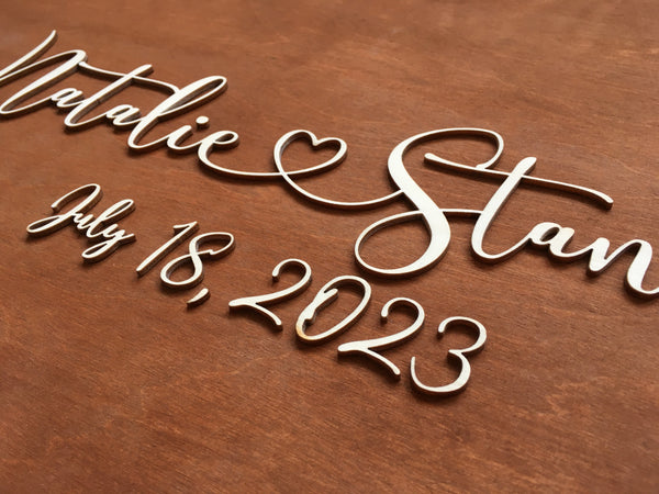 there is a little heart in between the names of the bride and groom on the wedding welcome sign