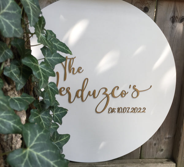 the round sign can be displayed for signing at the wedding and used as a piece of home decor