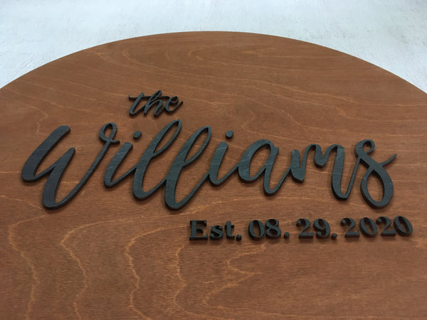 the whimsical font is skillfully cut and applied to the rustic base 