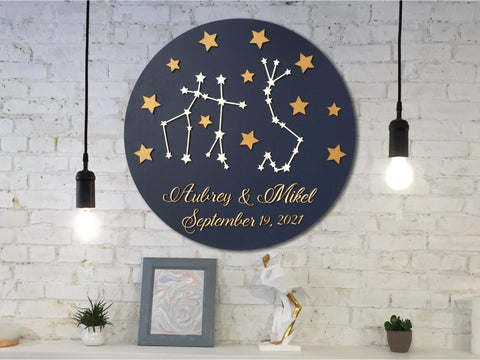 wedding guest book alternative stars contellations zodiac round sign for wedding or home decor signyoustyle.com example shown on navy with Gemini and Scorpio contellations