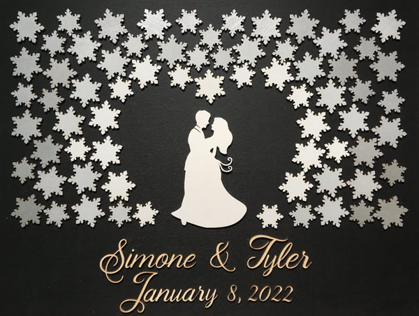 winter wedding guest book alternative with couple and snowflakes made in 3D wood