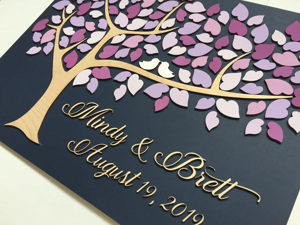 wood tree of life detail of guest book alternative with purple violet lavender shades
