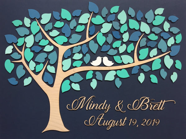 wood wedding guest book guest tree sign with blue, turquoise, teal, aqua leaves for signing 